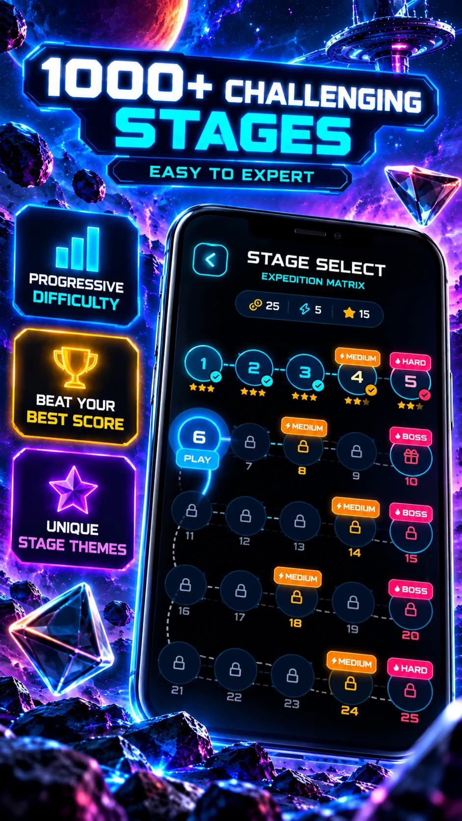 Laser Zen promotional artwork for its stage-select map and a progression of 1,000 puzzles