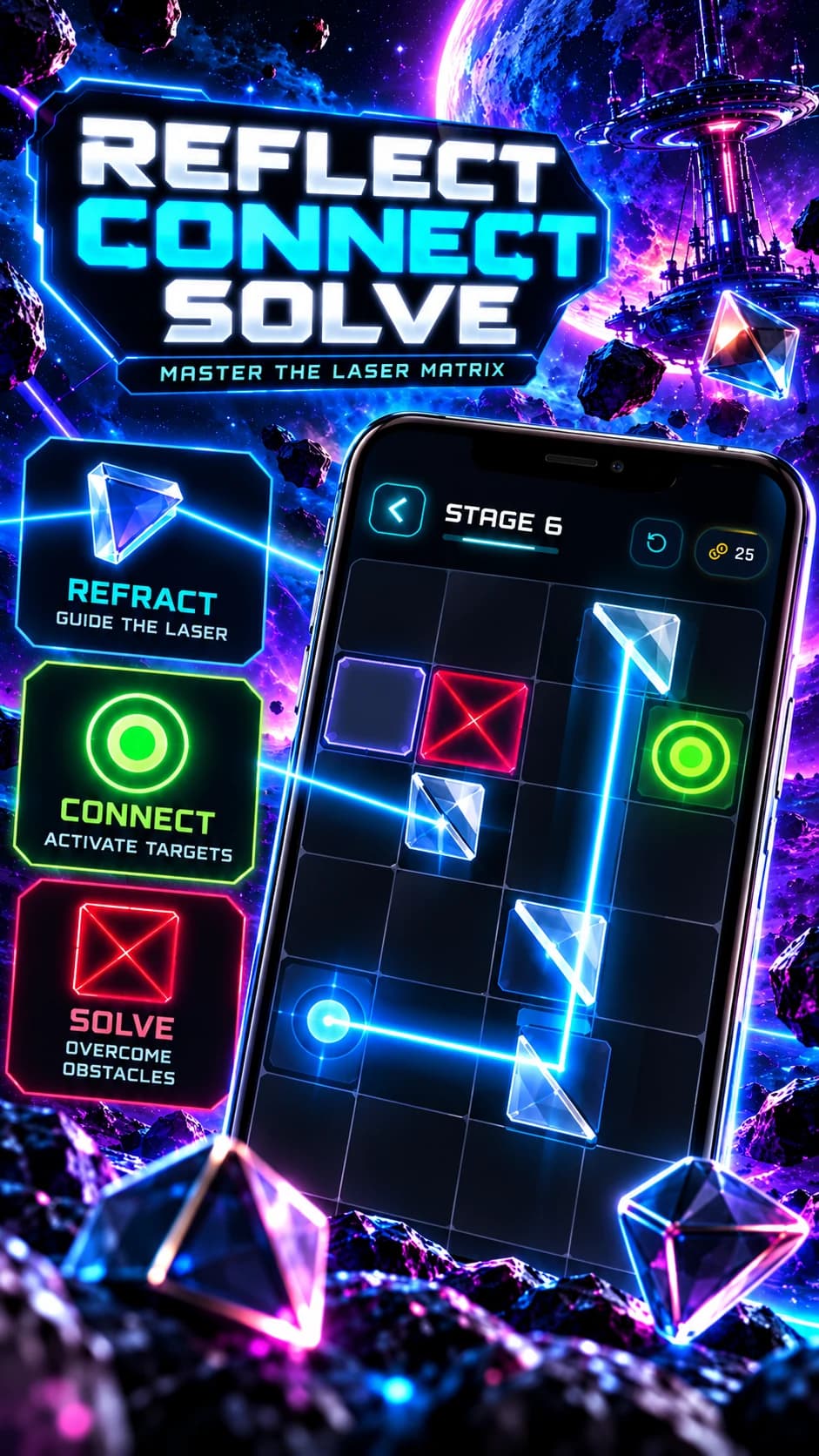 Laser Zen promotional puzzle screen with a beam reflecting between mirrors and activating a green target