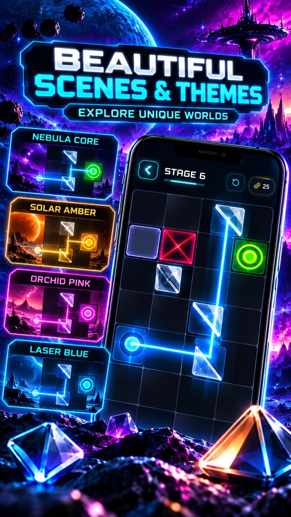 Laser Zen promotional artwork featuring nebula, solar, orchid-pink and blue laser scenes