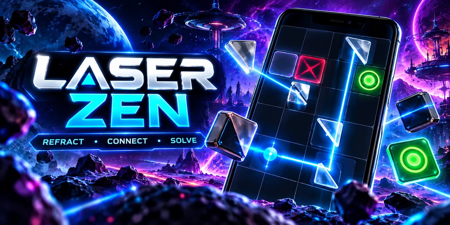 Laser Zen feature art showing a cyan laser reflected by transparent prisms through a dark cosmic puzzle board